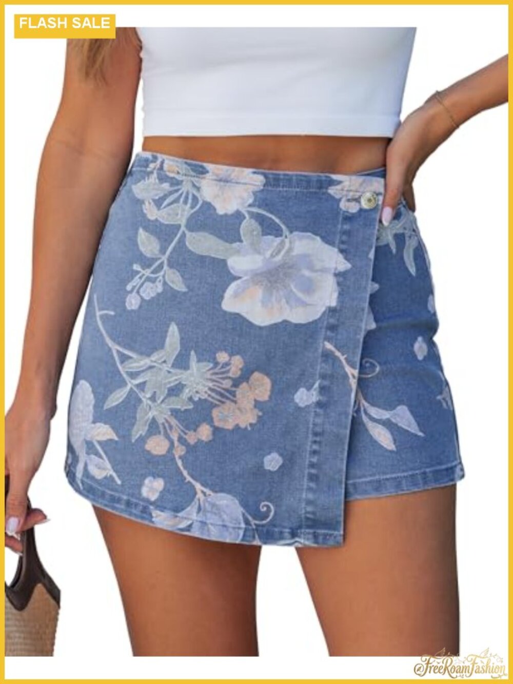 Women's Denim Skorts Faux Wrap Stretch High Waisted Floral Print Skort Shorts